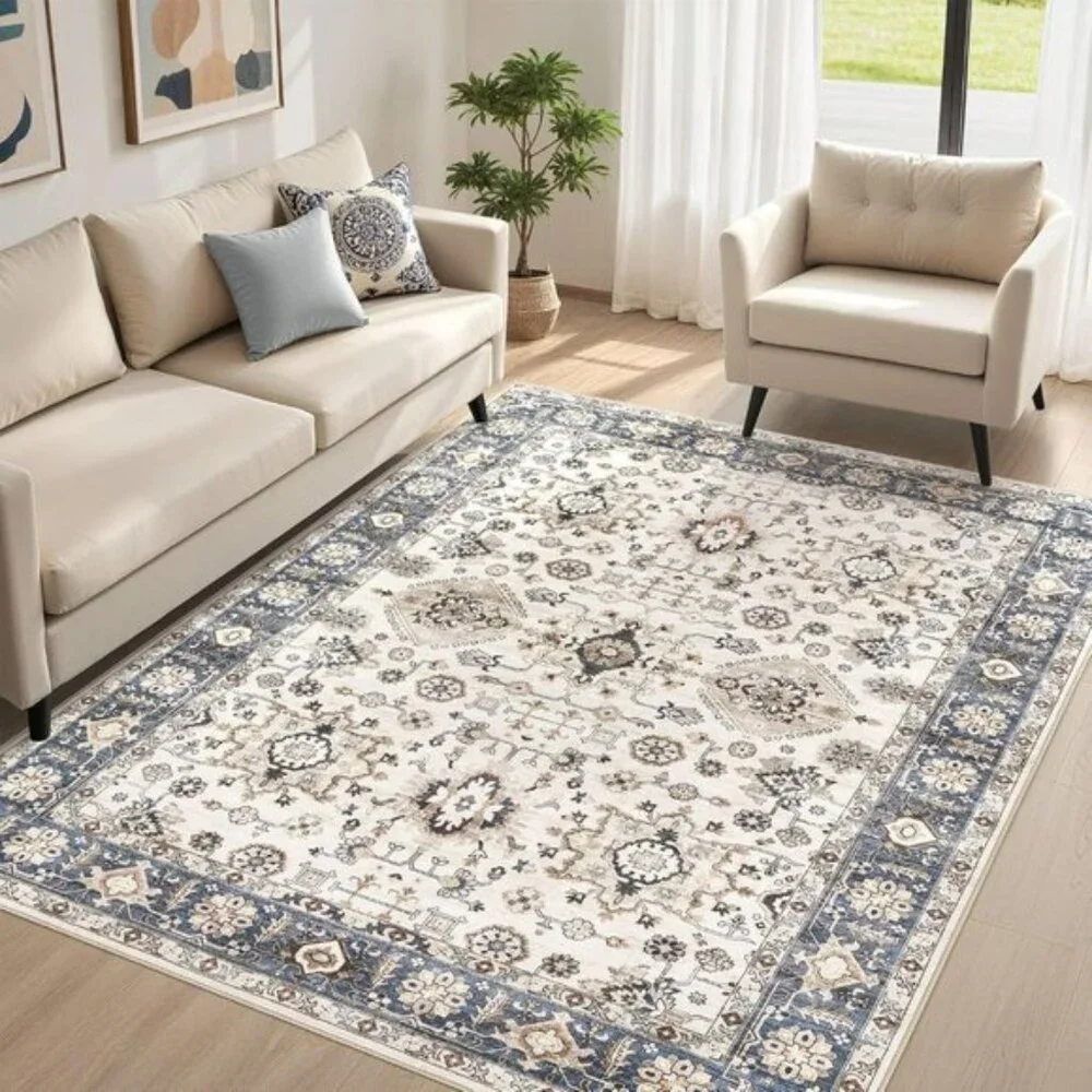 New 5x7 Blue Washable Area Rug Vintage Non-Slip Carpet for Living Room Home